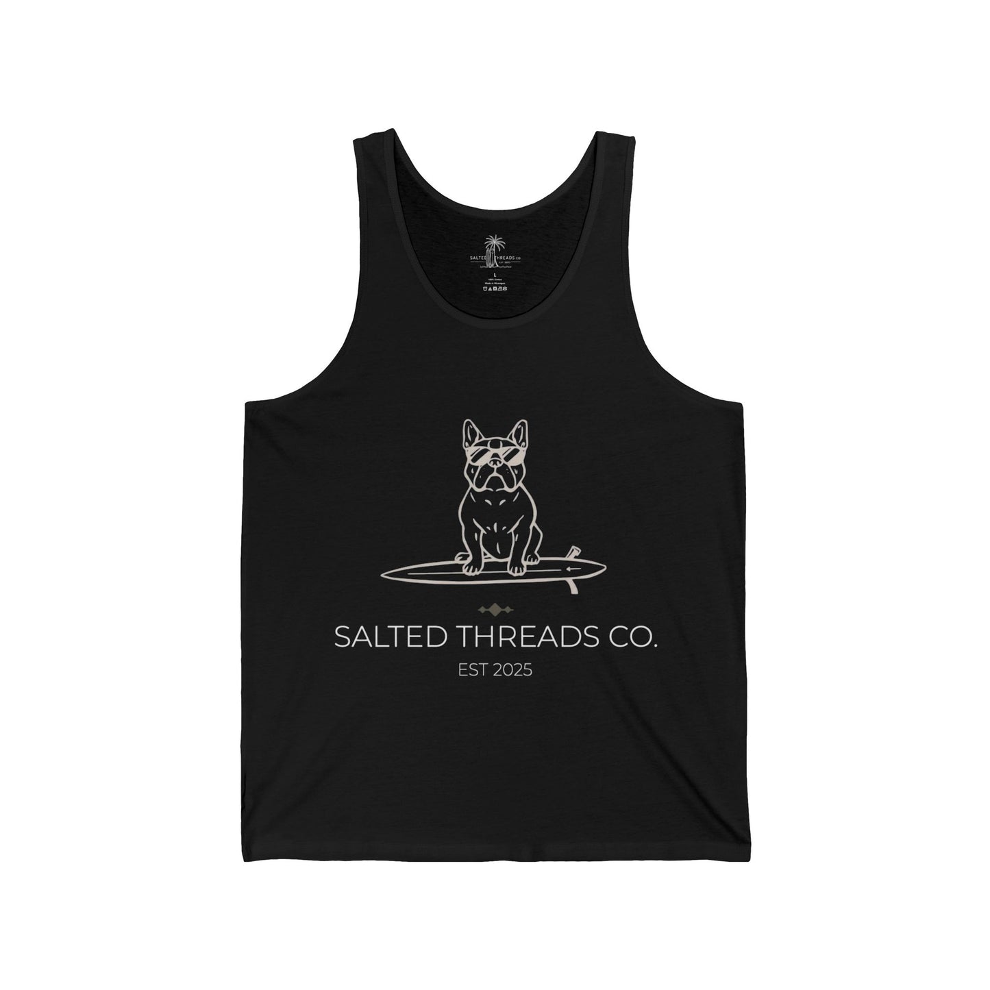 Salted Threads Co. Unisex Jersey Tank - French Bulldog Surf Design