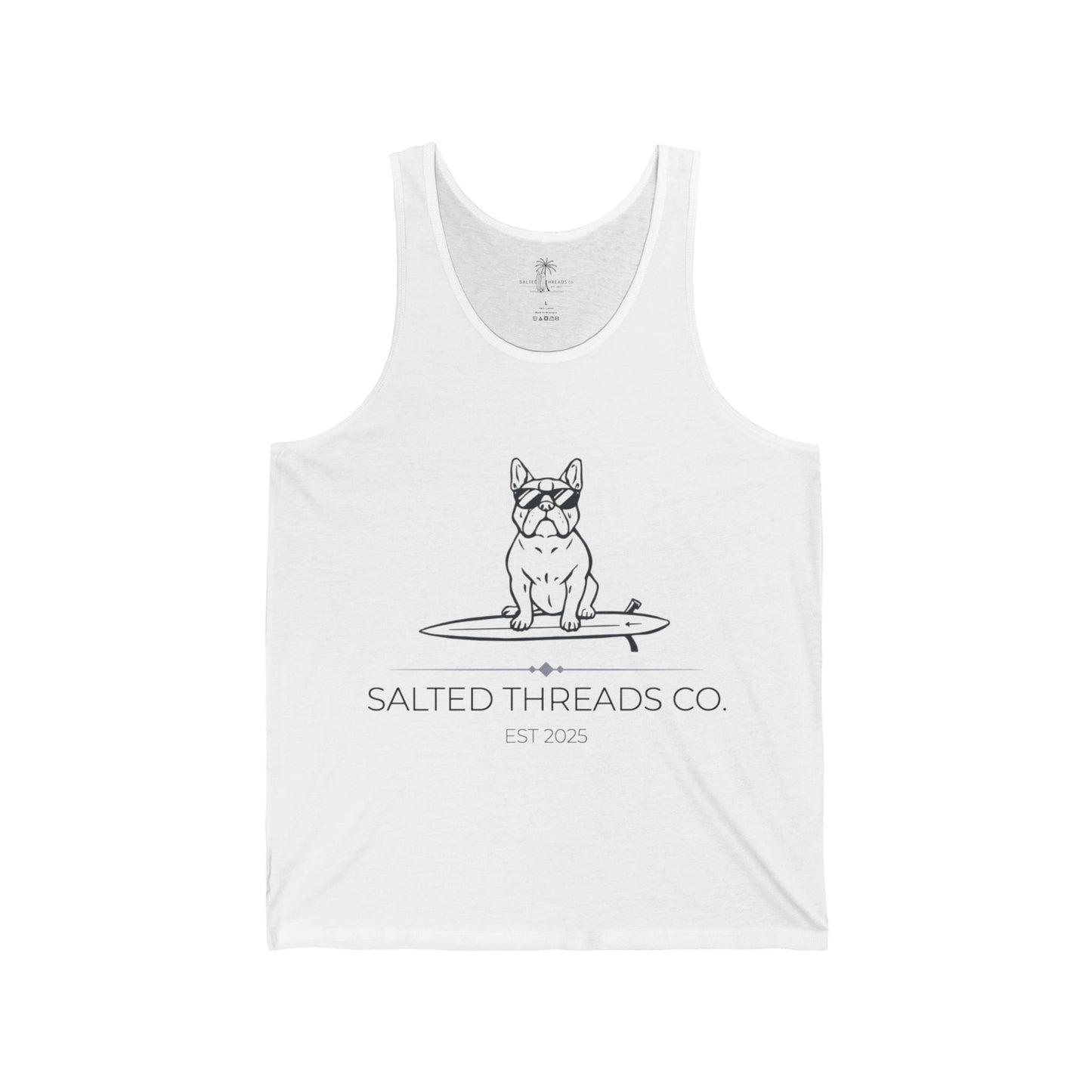 Salted Threads Co. French Bulldog Surfing Unisex Jersey Tank Top